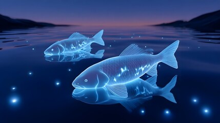 Fototapeta premium Glowing fish swimming in a tranquil night lake