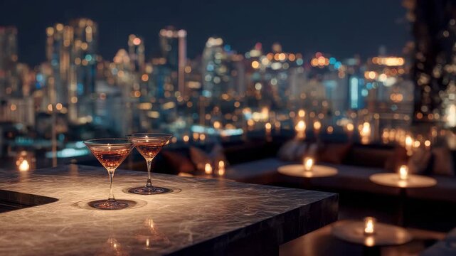 Romantic rooftop cocktails with city skyline at night