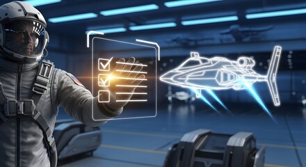 Astronaut Inspecting Spaceship Hologram