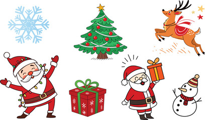 Christmas Vector Set – Santa Claus, Reindeer, Snowman, Tree and Gift Illustration