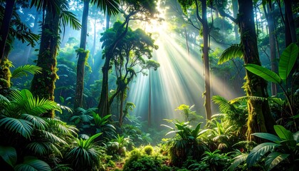 Lush Tropical Forest Sunlight Beams Through Canopy.