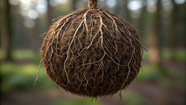 Spherical Plant Root Ball with Visible Fibrous Roots Hanging plant roots soil