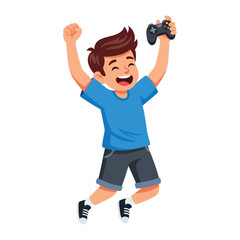 Gaming Victory: Joyful youth jumps high, celebrating a gaming triumph, controller held aloft, his face beaming with triumph and excitement.