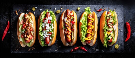The delectable assortment of gourmet hot dogs with various toppings on a platter.