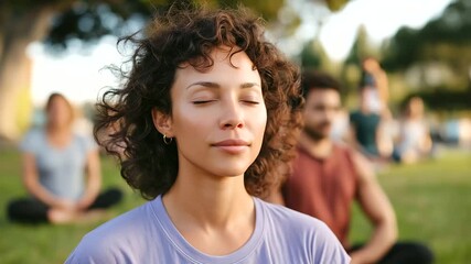 Tranquil park setting with a multicultural group engaging in serene outdoor meditation representing mindfulness, diversity, harmony, spirituality, relaxation, wellbeing