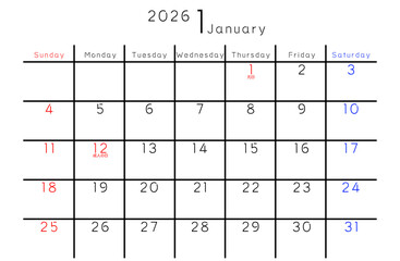 2026年1月　シンプルカレンダー　曜日英語版