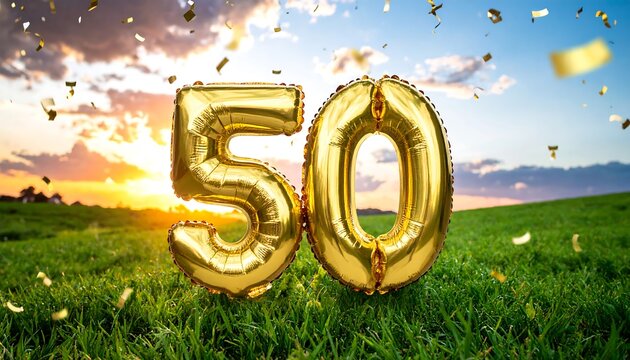 Celebrating a fifty year milestone with shiny golden number 50 balloons in a scenic grassy landscape during a beautiful sunset