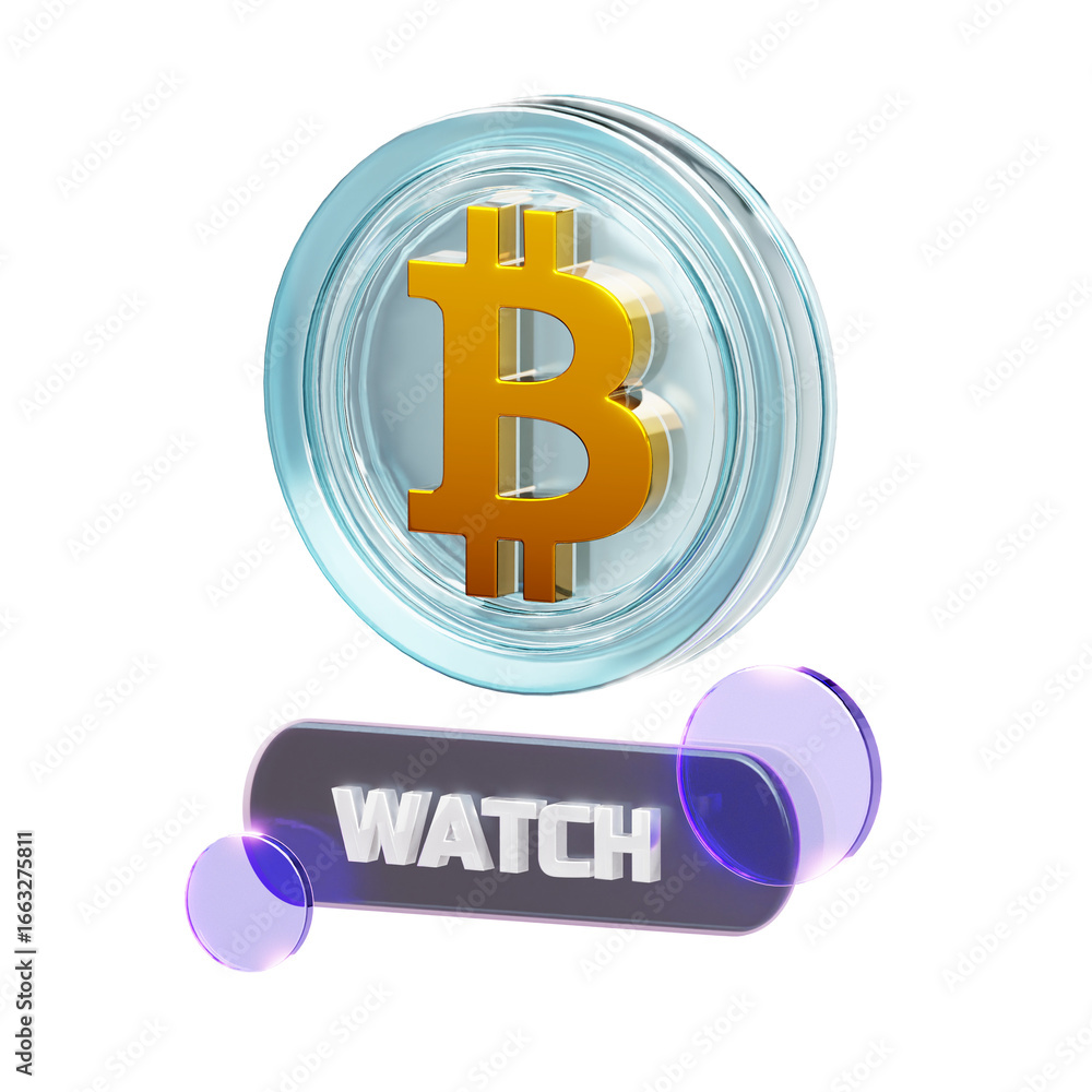 Aufkleber 3d render of a golden bitcoin symbol within a clear coin, floating above a 'watch' button with purpl