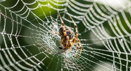 An up-close portrayal of a spider meticulously crafting its intricate web, with dew drops glistening, showcasing nature's artistry in a vibrant and organic way.
