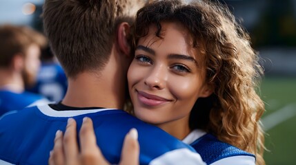 Joyful teammates embrace after a successful match on the field.