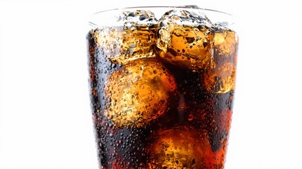 Crisp, Bubbly Cola Poured Over Glistening Ice Cubes in a Tall Glass.