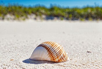 Obraz premium Close-up of a seashell at the clear sand beach with copy