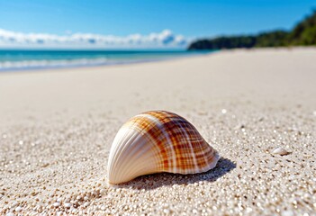 Close-up of a seashell at the clear sand beach with copy