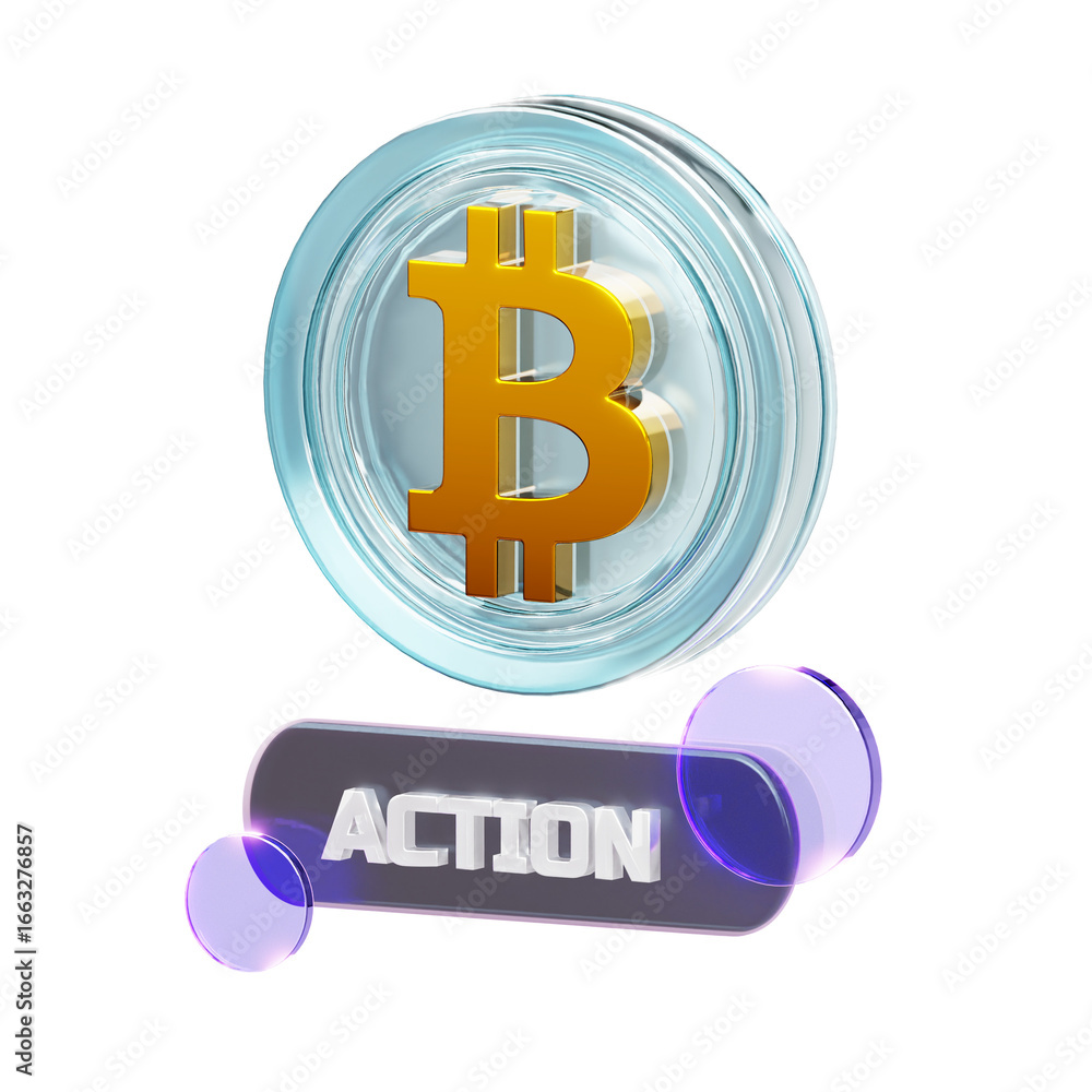 Aufkleber 3d render of a glowing bitcoin symbol coin above a dark 'action' button with translucent purple sphe
