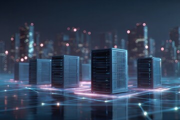 Cityscape at night with glowing data servers