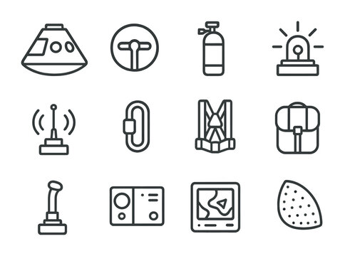Emergency Gear Icons. Outline icon set of emergency escape gear: escape pod, hatch handle, oxygen tank,