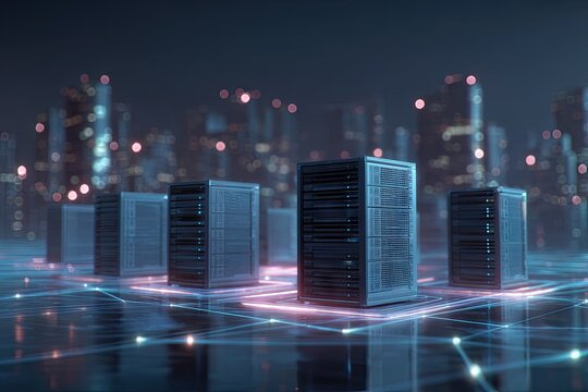 Cityscape at night with glowing data servers