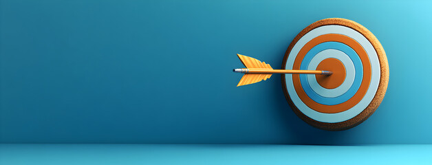 Arrow hitting bullseye target symbolizing business success, strategic planning, achievement of goals, precision, motivation, leadership, and effective management in professional growth