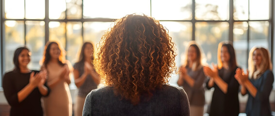 Confident woman speaker presenting to applauding audience during motivational workshop, concept of leadership, inspiration, teamwork, professional training, and personal growth event