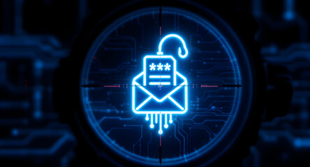 Digital Phishing Attack Concept: Illuminated Email Envelope and Encrypted Message in Crosshairs, Cyber Security Threat