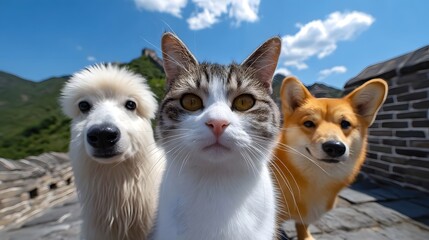 Obraz premium A trio of adorable pets exploring the great outdoors together.