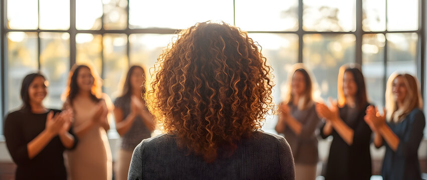 Confident woman speaker presenting to applauding audience during motivational workshop, concept of leadership, inspiration, teamwork, professional training, and personal growth event