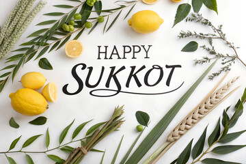 Happy Sukkot greeting card. A festive flat lay of the traditional Four Species - lulav, etrog, myrtle, and willow - celebrating the Jewish holiday generative ai