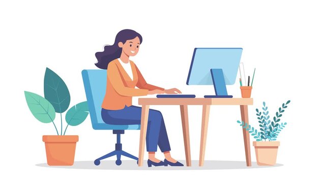 Flat 2d animation, Dynamic businesswoman working on computer at her desk in bright modern office setting