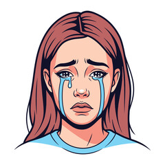 Crying Girl's Tearful Portrait: A close-up depiction of a young woman overcome with emotion, her face etched with sorrow and glistening tears. A stark and minimalist design, capturing raw feelings