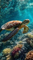Fototapeta premium Close-up of a Sea Turtle Swimming over a Coral Reef