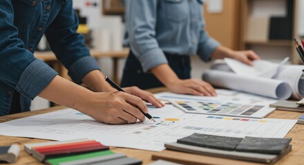 Two Professionals Analyzing Design Plans in Modern Office with Color Swatches and Blueprints