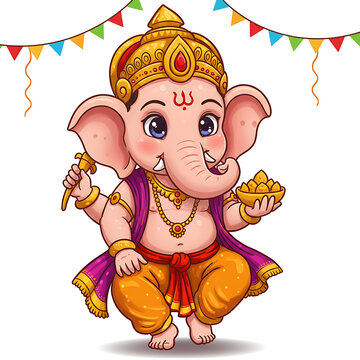 Cute Cartoon Lord Ganesha with Modak and Festive Bunting Illustration