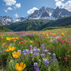 Obraz premium Alpine wildflower meadow. Vibrant flowers with snowy mountain backdrop. Ideal for nature, travel, and landscape visuals.
