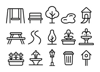 Park Icon Set. Outline icon set of co-designed parks: swing set, bench, tree, pond, picnic table, walking path