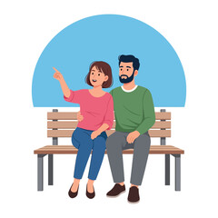 Shared Moment: A loving couple enjoys a tranquil moment together, sitting intimately on a park bench under a clear blue sky, she is pointing to some interesting thing.