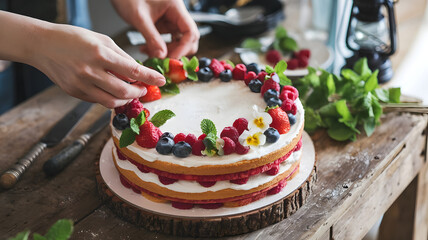 A photo of hands decorating a cake with fresh berries and mint leaves on a rustic wooden table.