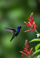 Obraz premium Colorful Hummingbird Hovering Near Bright Red Tropical Flower in Nature