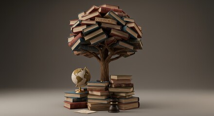 Symbolic tree of knowledge featuring classic books and a vintage globe representing education and wisdom