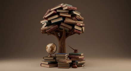 A book tree with a globe symbolizes education knowledge and literary history on a neutral background