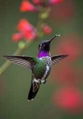 Fototapeta premium Colorful Hummingbird Hovering Near Pink Flower in Natural Setting