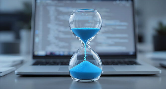 Hourglass with Blue Sand in Front of Laptop Screen, Symbolizing Time Management and Deadlines