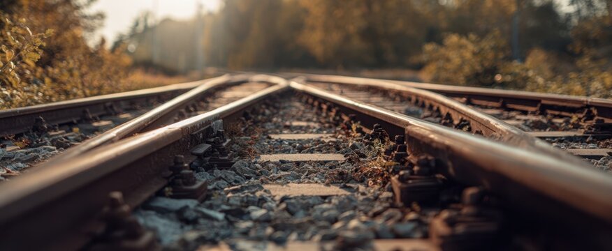 The serene beauty of railway tracks amidst autumn scenery. - Powered by Adobe