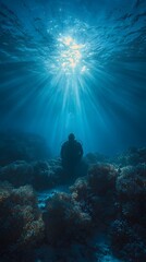 A Diver Silhouetted Against Sunbeams in a Coral Garden