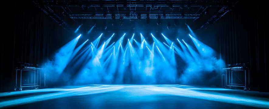 Empty stage scene filled with artistic blue illumination and swirling fog, prepared for concert, musical theater event, or live entertainment performance in a dramatic venue setting