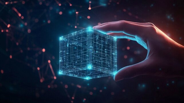 Futuristic glowing cube with digital grid structure held by human fingers, abstract holographic technology visualization, artificial intelligence and blockchain innovation background