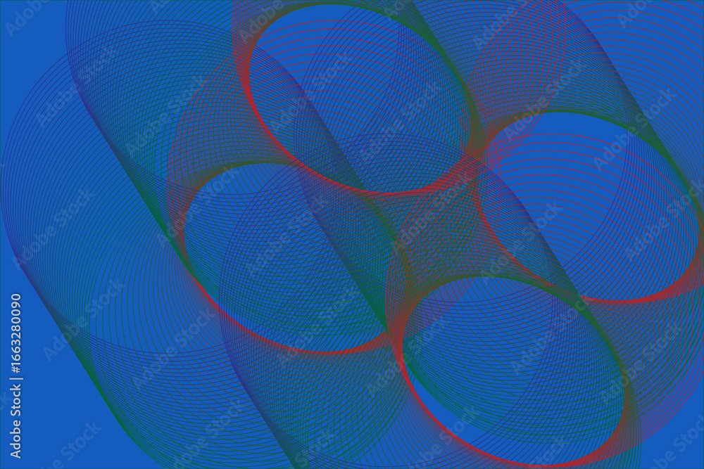 Poster intricate geometric pattern with intersecting blue ovals and red circles on a blue background create