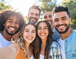 Fototapeta premium A group of six diverse young adults smiling and taking a selfie together in a sunny outdoor