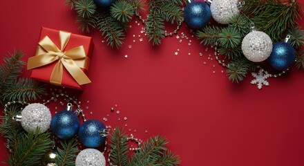 Christmas ornaments and pine branches on a red background for holiday season celebration and festive winter design