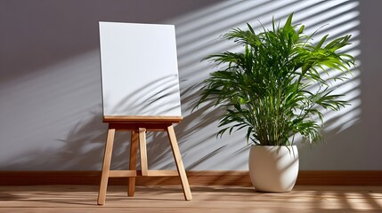 Easel with blank canvas and potted plant in sunlit room