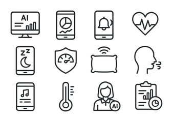 AI Sleep Optimization Icons. Outline icon set of AI sleep optimization: AI dashboard, sleep data analytics,